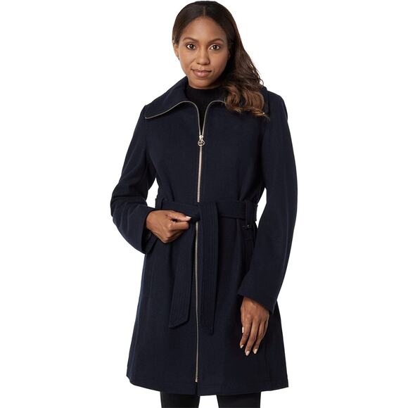 Michael Kors NWT Women's Tie Waist Zip Front Wool Coat Navy Size M